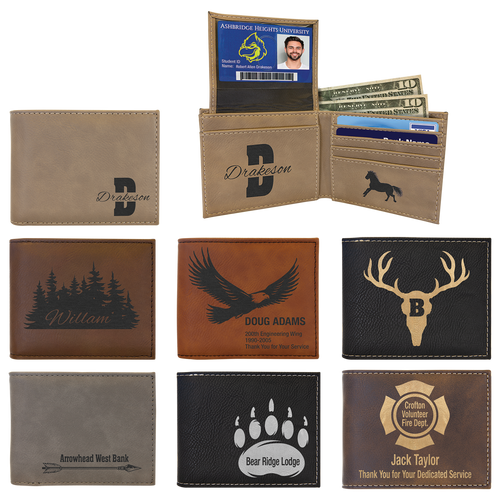 Laserable Leatherette Bi-Fold Wallet w/Flip ID
