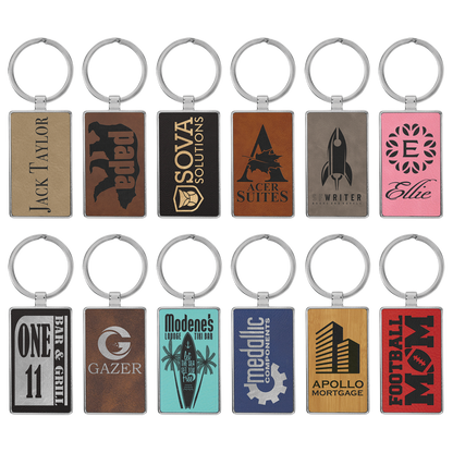 Laserable Leatherette/Metal Rectangle Keychain